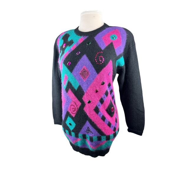 Vtg Retro I.B. Diffusion Artsy Embellished Jeweled Geometric Sweater Size Small - Picture 4 of 12